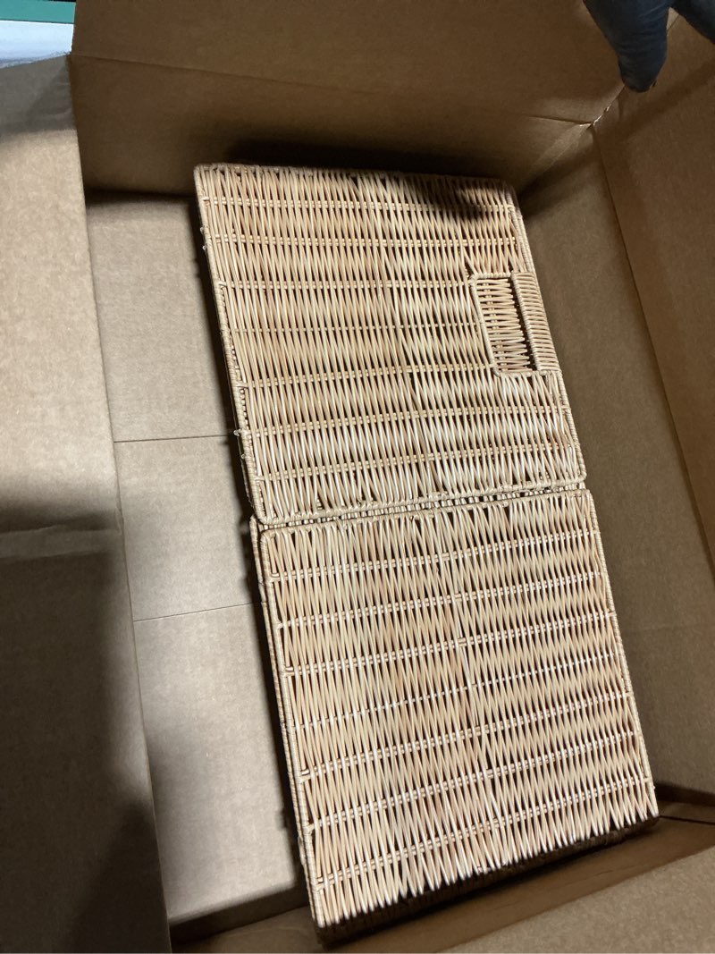 Condition photo showing Good Condition for 10.5 x 10.5 in Plastic Wicker Baskets for Cube Storage, Collapsible Square Wicker Storage Basket Set of 3, Rattan Storage Cube, Square Baskets for Shelves - Khaki