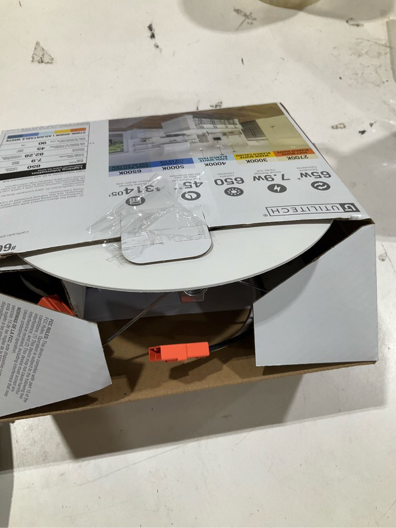 Condition photo showing As Is for utilitech white 6-in 650 -lumens switchable white round dimmable led wet rated recessed downlight