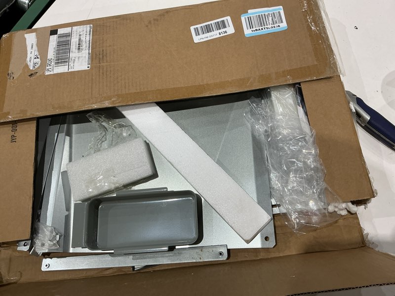 Condition photo showing As Is for grease tray with catch pan and foil liner, adjustable drip pan for 3/4/5 gas grill models from dyna glo, nexgrill, expert grill, kenmore, charbroil, bhg and more grill replacement parts.