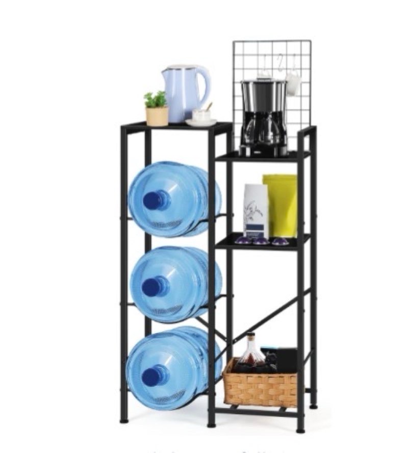 Vrisa 5 Gallon Water Jug Holder with Bar Table Heavy Duty Water Bottle Oraganizer with Shelf 5 Gal Water Dispenser Stand Base for Water Cooler Jug Storage Rack for Home Kitchen Office, Black