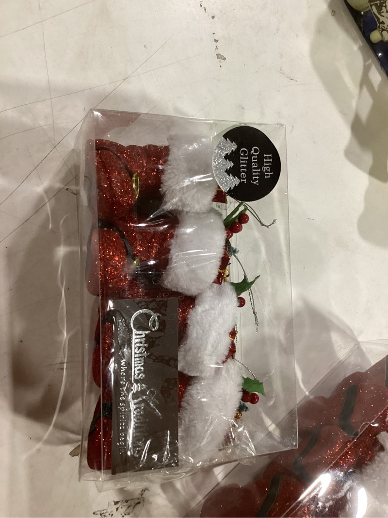 Condition photo showing New/Like New for Christmas Traditions 4 inch Glittered Stuffed Red Santa's Boots Ornaments (Set of 4) Hanging Tree Decorations Christmas Tree Ornaments (Red-Stuffed)