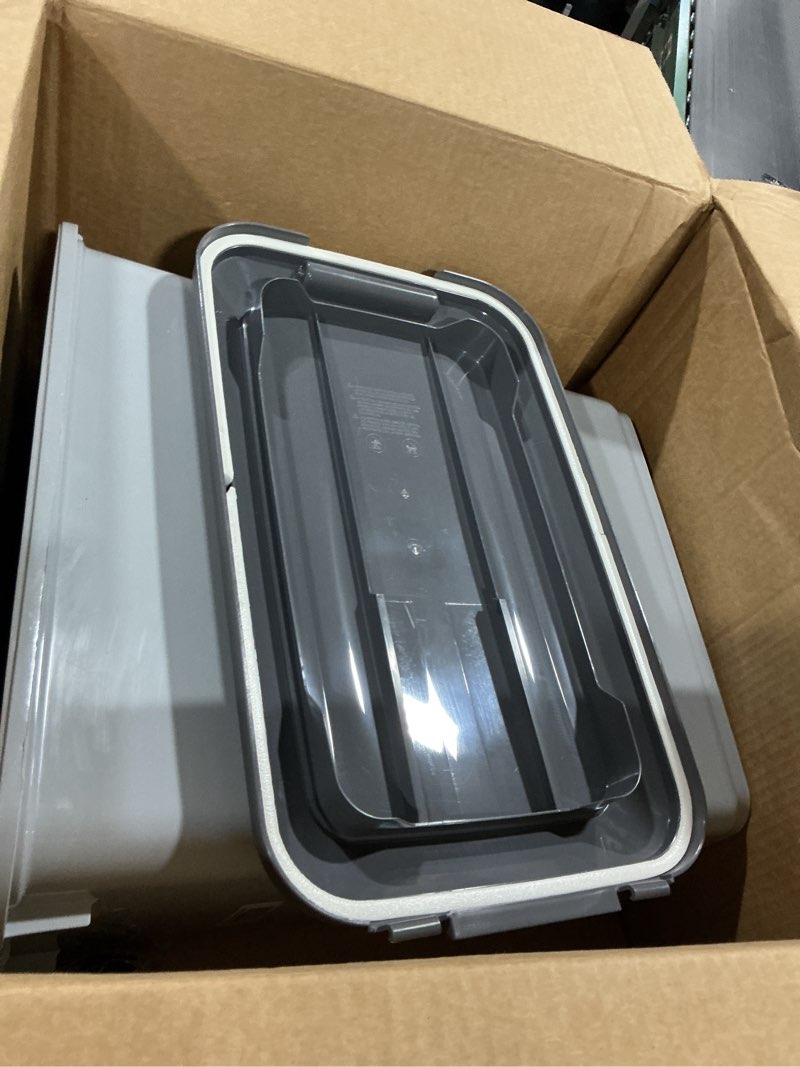 Condition photo showing As Is for IRIS USA Dog Food Storage Container with Wheels, Airtight Lid, 2-Cup Scoop, Up to 40 Pounds Pet Food Storage, Built in Scoop Storage in Lid, Versatile Pet Food Bin, Portable, BPA Free, Gray/Dark Gray 40 lbs Gray/Dark Gray