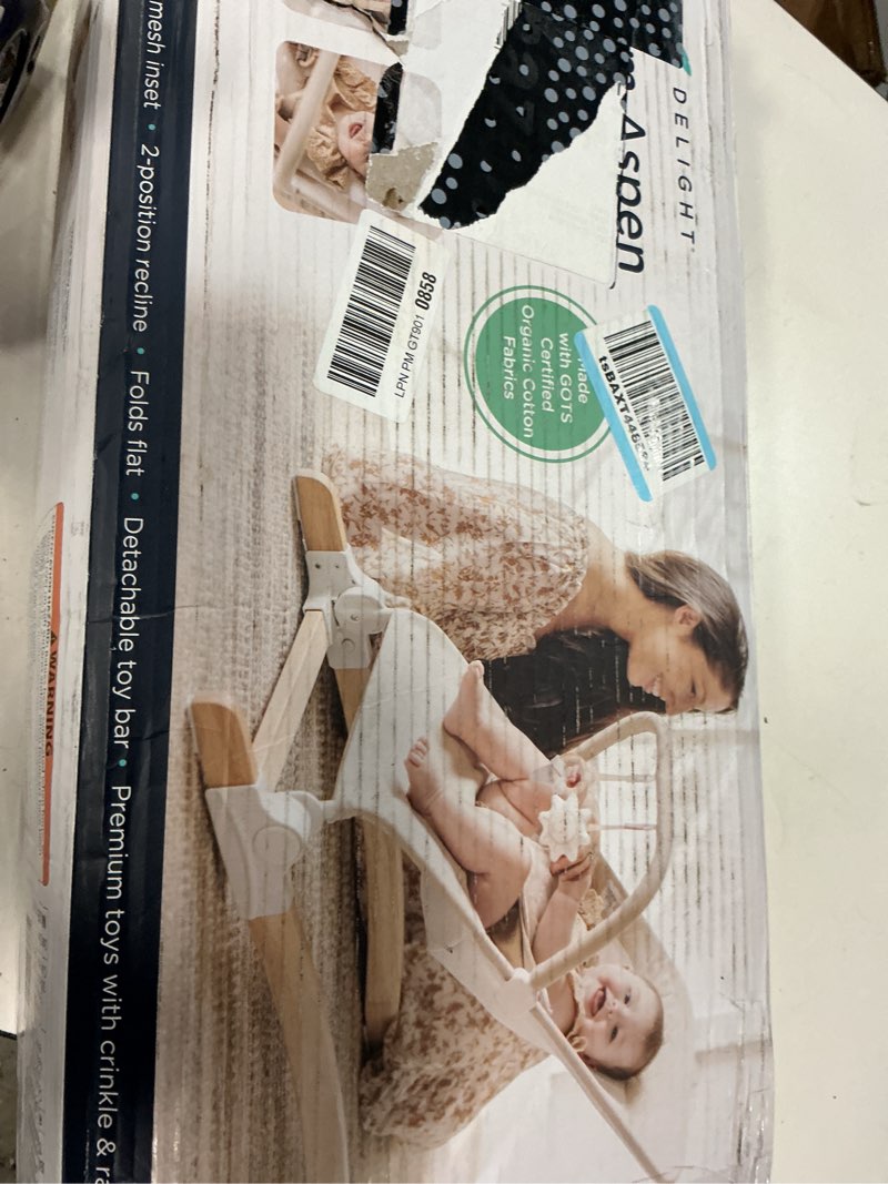 Condition photo showing Good Condition for baby delight heirloom aspen wooden baby bouncer | infant baby chair | 0 – 6 months | 100% gots certified cotton fabrics | organic oat organic oat, aspen wood
