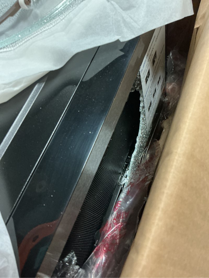 Condition photo showing As Is for ( broken ) hamilton beach 0.9 cu ft countertop microwave oven, 900 watts, stainless steel, new