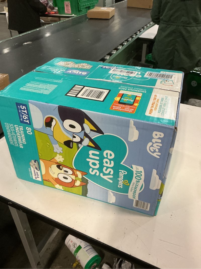 Condition photo showing New/Like New for Pampers Training Pants - Easy Ups Boys & Girls Bluey - Size 5T-6T, 80 Count, Children's Potty Underwear (Packaging May Vary) 5T-6T 80