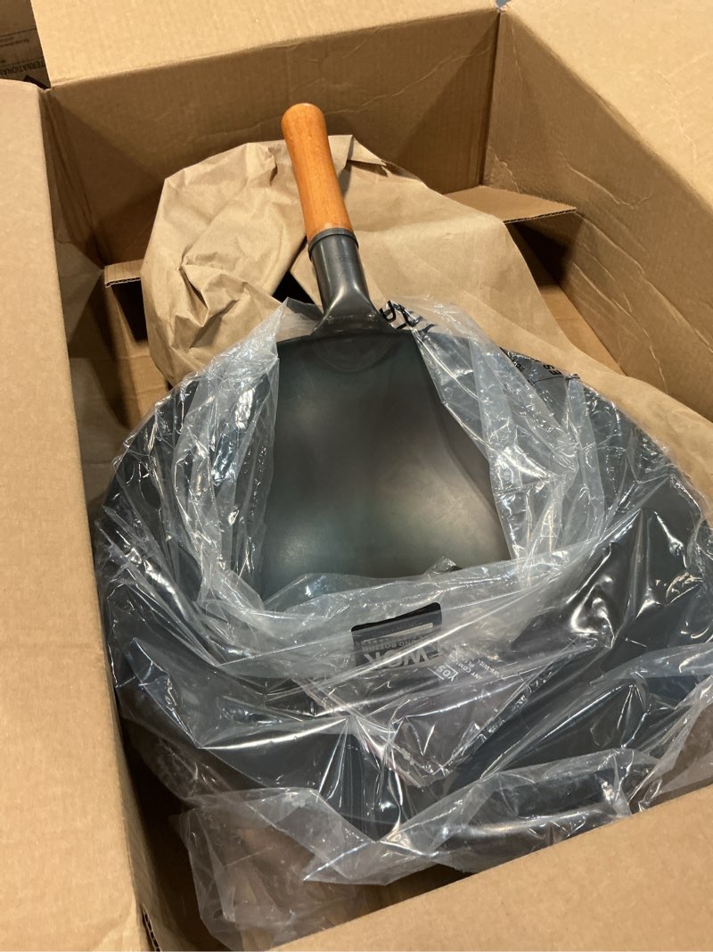 Condition photo showing As Is for yosukata 14" carbon steel wok with round bottom – pre-seasoned pow wok for stir fry – traditional chinese japanese black steel pan – outdoor cookware for gas stovetops, open fire, bbq, camping