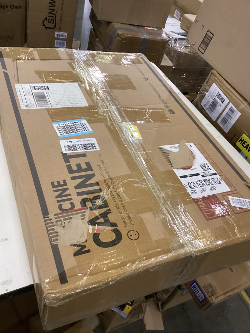 Condition photo showing As Is for TokeShimi 16x24 Bathroom Medicine Cabinet with Mirror Tempered, Aluminum White Mirrored Medicine Cabinet Recessed or Surface Mount with Adjustable Storage Metal for Modern Farmhouse White 16x24 IN