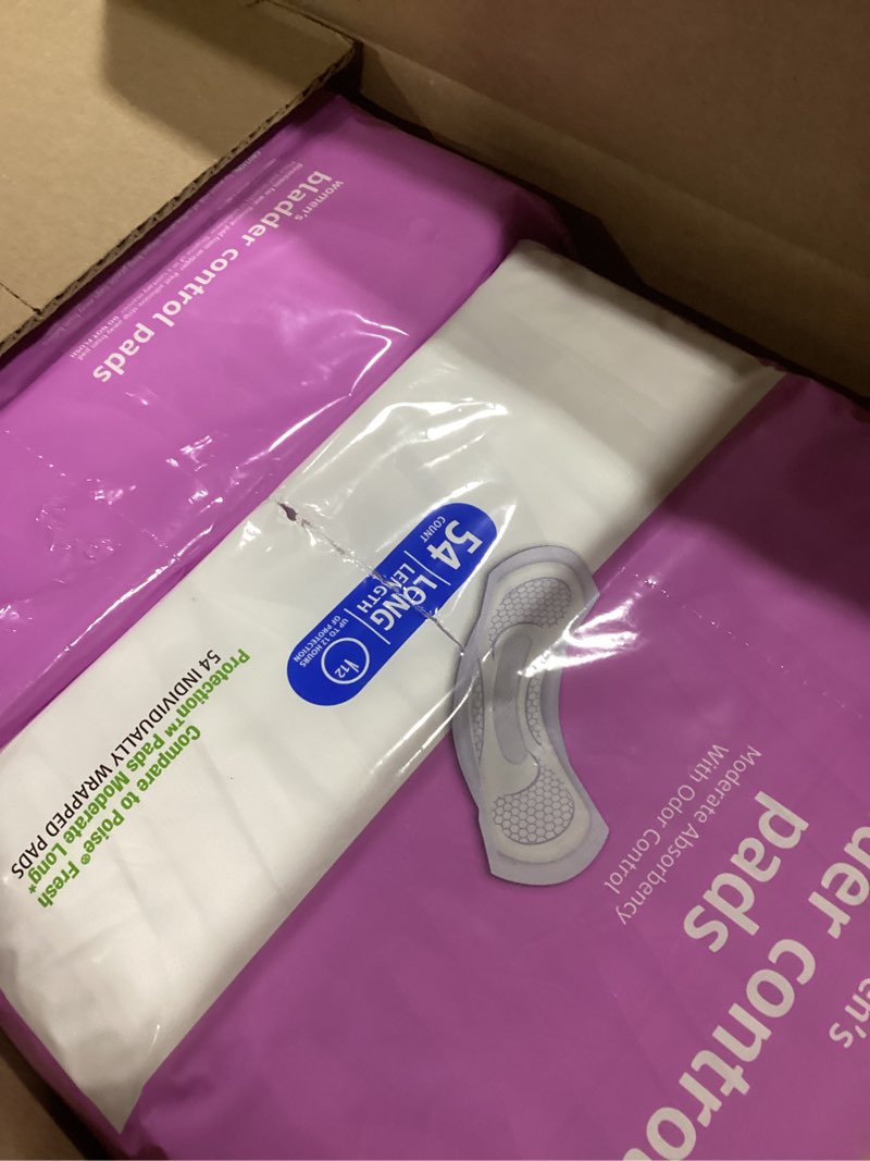 Condition photo showing Good Condition for Amazon Basics Incontinence Pads for Women Long, Bladder Control, Postpartum, Moderate Absorbency, Unscented, 108 Count (2 Packs of 54) Moderate (108 Count) 108.0