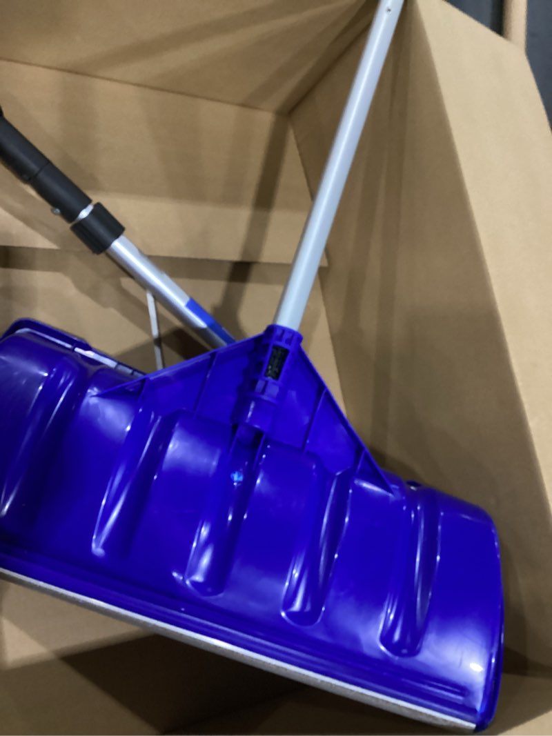 Condition photo showing As Is for Snow Pusher Shovel for Driveway Car Garage, 24 Inch Snow Removal Plow with D-Grip Handle Aluminum Strip, Ergonomic Heavy Duty Wide Snow Shovel for Home Outdoor, Blue