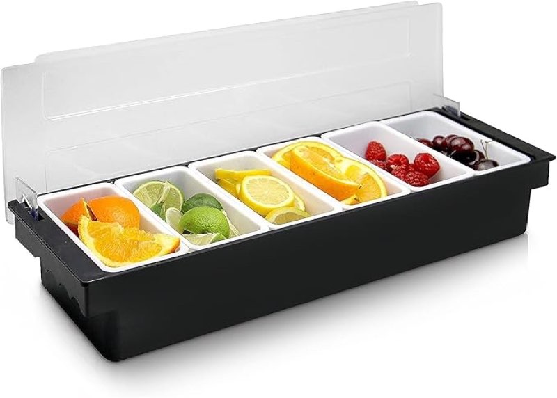 Ice Cooled Condiment Serving Container Fruit Veggie Condiment Caddy Plastic Garnish Station with Lid for Fruit,Ice Cream,Salad Bar-Topping Organizer for Restaurant Supplies (6 Compartments)