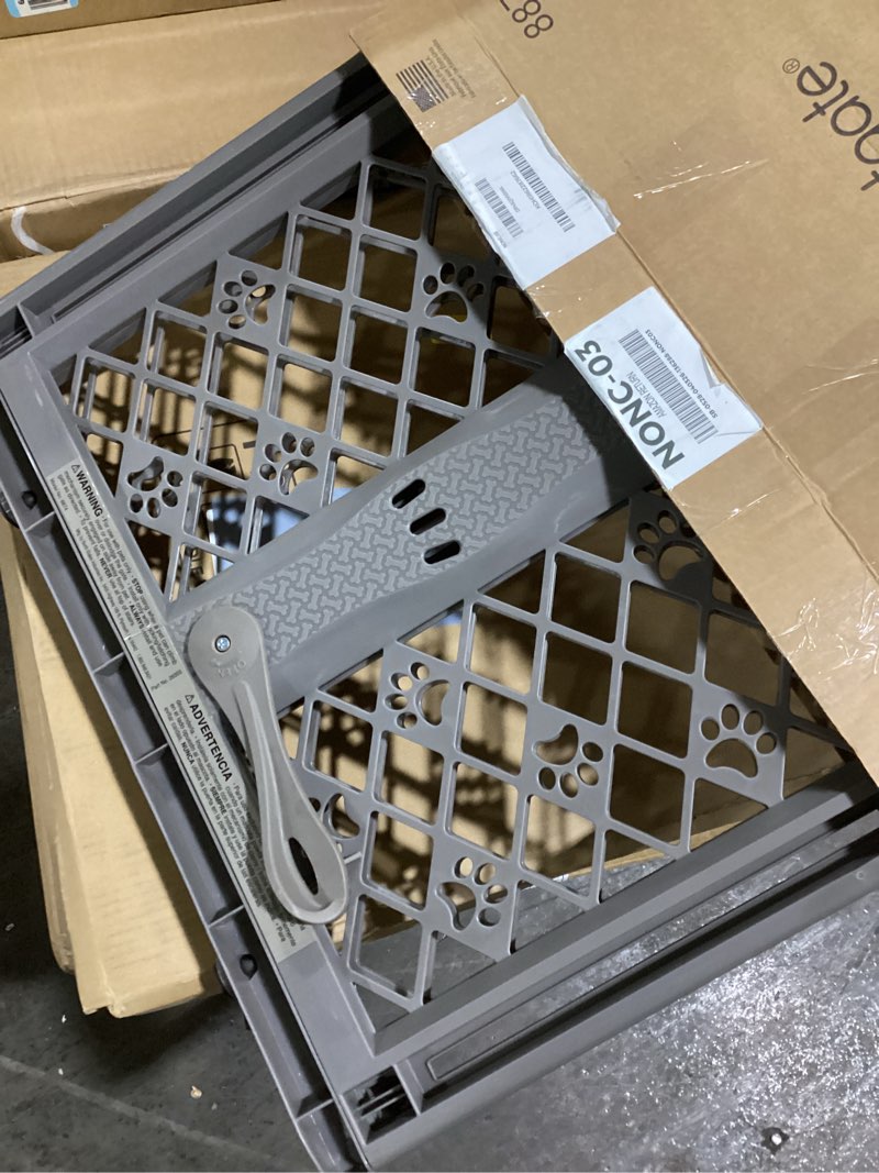 Condition photo showing New/Like New for mypet north states paws portable pet gate: 26-40" wide. pressure mount. no tools needed. made in usa, 23" tall, expandable, durable dog gates for doorways, fieldstone gray