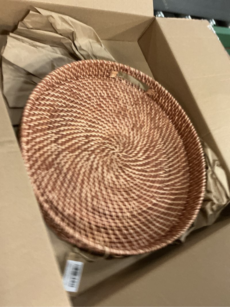 Condition photo showing New/Like New for round rattan woven serving tray with handles ottoman tray for breakfast, drinks, snack for coffee table, home decorative (16.9 inch, honey brown) 16.9" honey brown