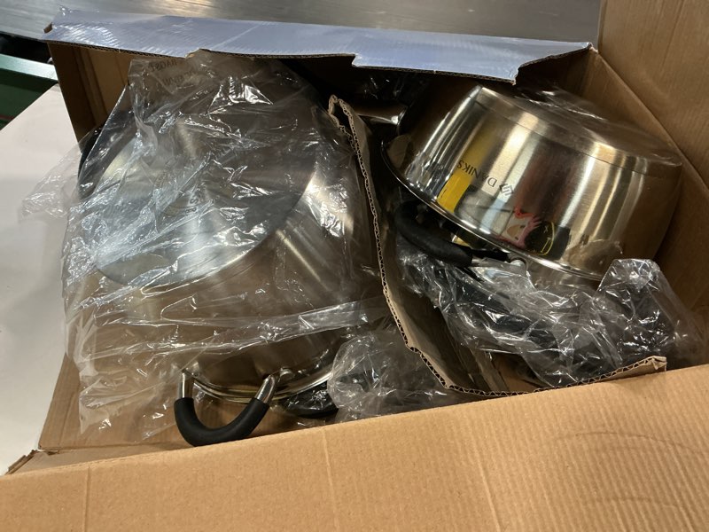 Condition photo showing As Is for daniks orlando 11-piece stainless steel induction cookware set – dishwasher safe saucepan, frying pan, pots with heatproof handles, glass lids, measuring scale, silver 11-piece set 11-piece set