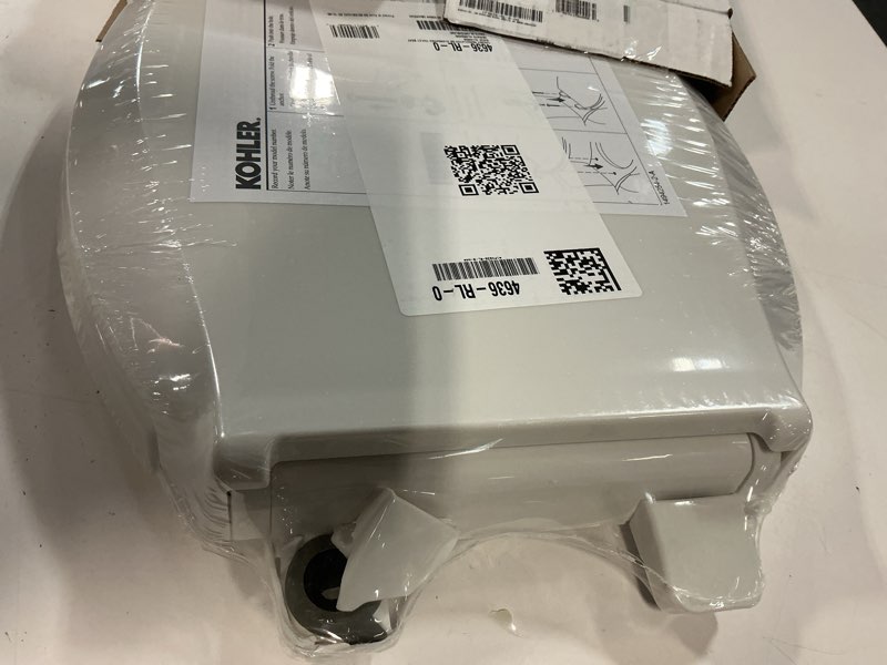 Condition photo showing As Is for kohler 4636-rl-0 cachet readylatch elongated toilet seat slow close, soft close toilet seat quiet lid, contoured grip-tight bumpers installation hardware, apartment essentials, white white elongated ready latch