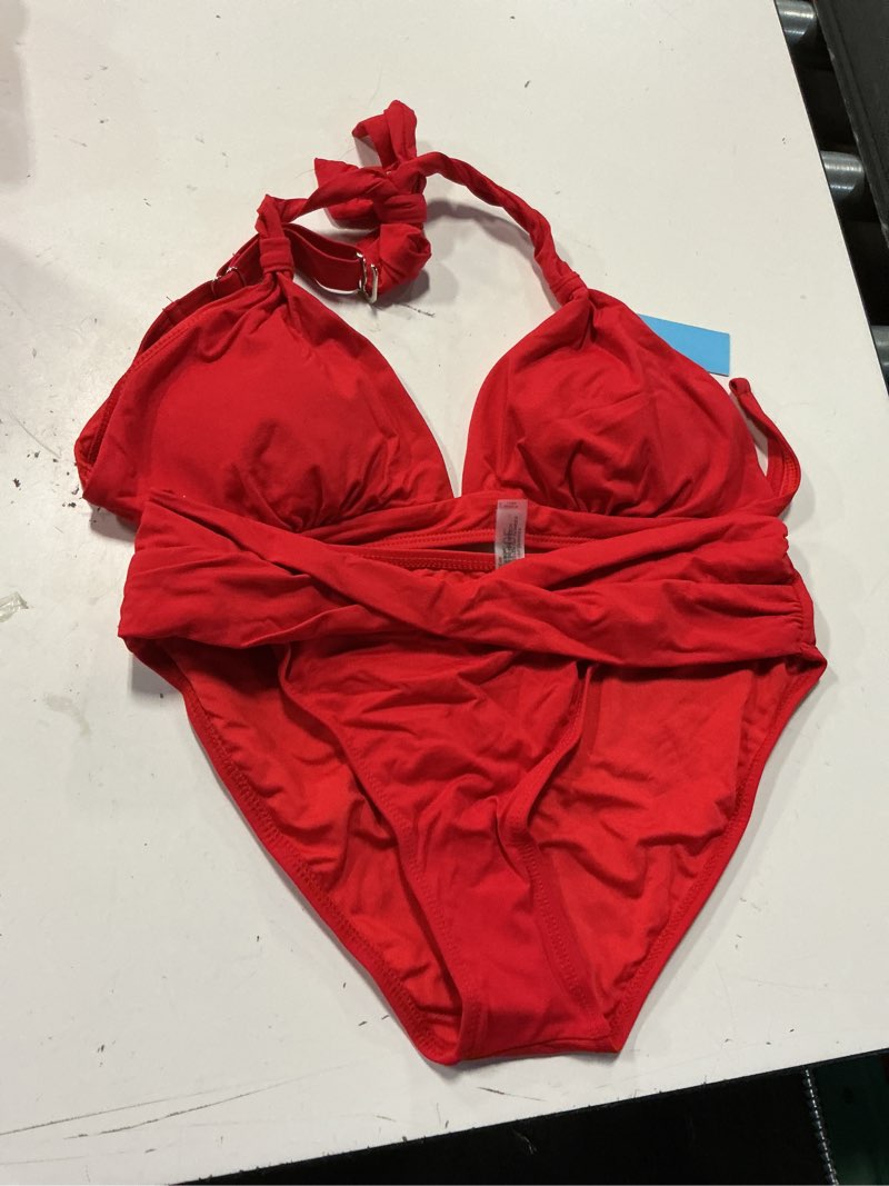 Condition photo showing Good Condition for halter push up bikini two piece criss cross swimsuit | mid rise; full lining; wide underbust band for secure lift; standard leg cut for easy movement small red