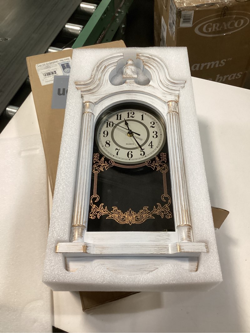 Condition photo showing Good Condition for Clockswise Vintage Grandfather-Style Wall Clock with Wood-Effect Plastic Pendulum Battery-Operated for Home Decor Living Room Home Office Kitchen or Dining Room White, 16 Inch (White, 20 Inch) 20 Inch Height White