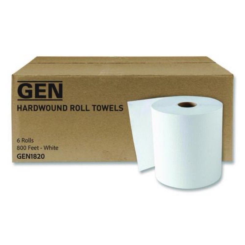 GEN Hardwound Roll Towels, 1-Ply, 8\" x 800 ft, White, 6 Rolls/Carton