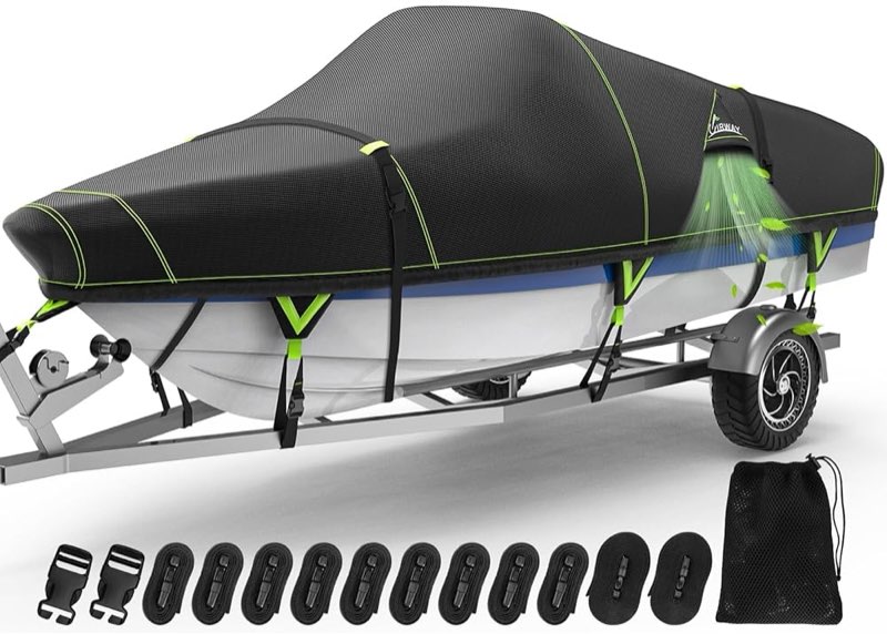 UIRWAY Upgraded Boat Covers 22-24 ft, Trailerable Bass Boat Cover with Windproof Strap, 1200D Waterp