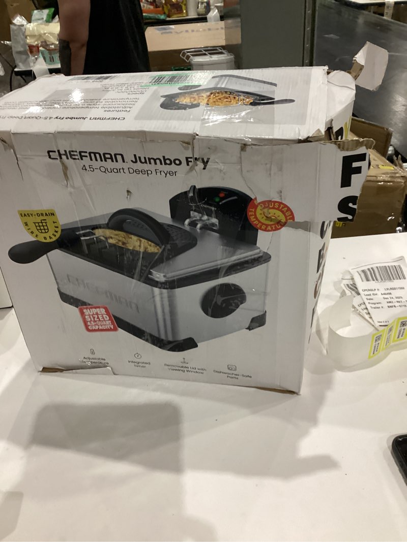Condition photo showing New/Like New for Chefman 4.5 Liter Deep Fryer w/Basket Strainer, XL Jumbo Size, Adjustable Temperature & Timer, Perfect for Fried Chicken, Shrimp, French Fries, Chips & More, Removable Oil-Container, Stainless Steel