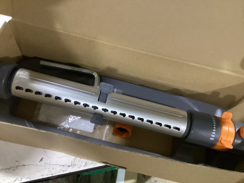 Condition photo showing Good Condition for oscillating water sprinkler for yard, lawn sprinkler with 3-way adjustable spray for garden and lawn large area outside watering, matel base
