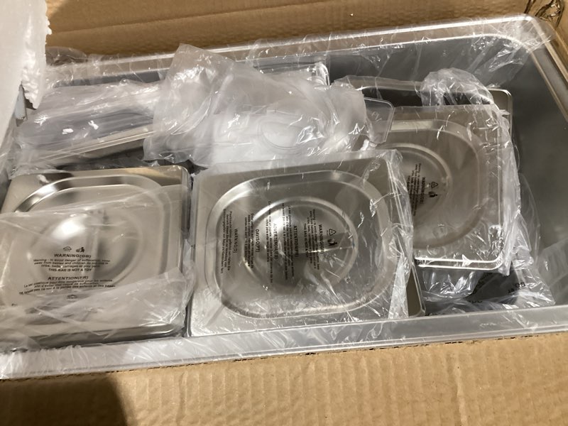 Condition photo showing As Is for HECMAC Ice Chilled Condiment Serving Container (7 Pan), 2 Types of Lids, Drain Tray, 23 Gauge Anti-Jam Food Pan Commercial Heavy Duty Spice Rack Set, for Kitchen Buffet Catering 1/6 & 1/9 Pan