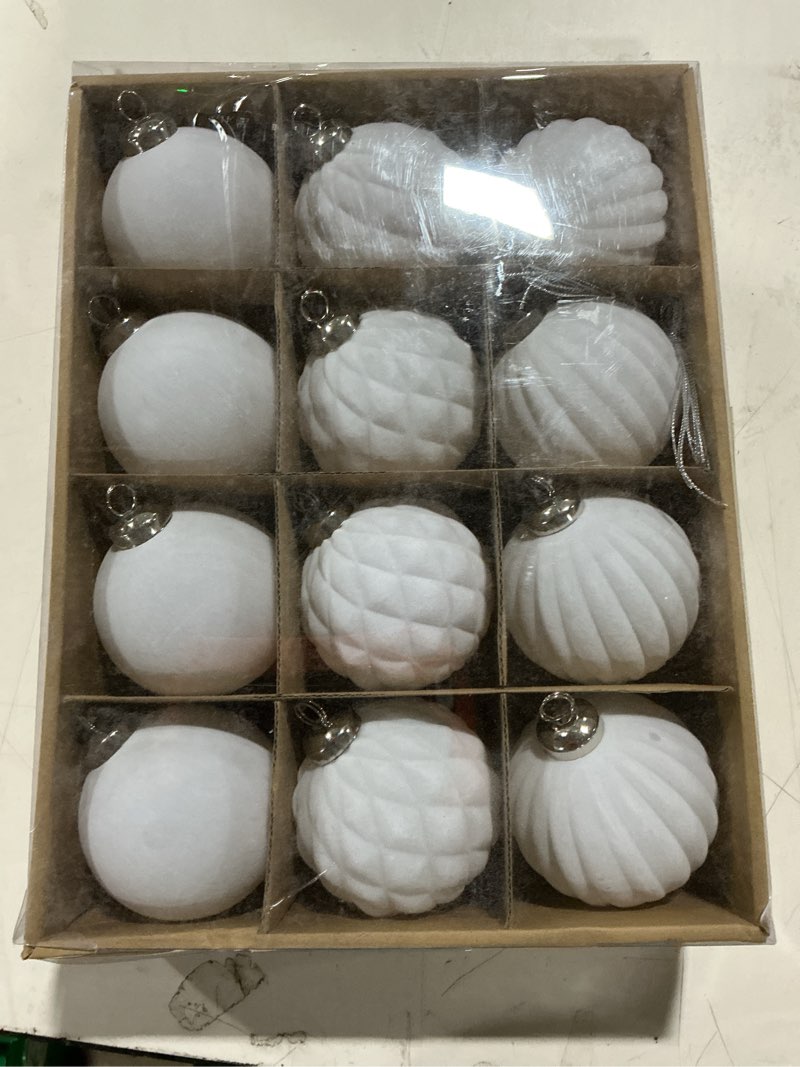 Condition photo showing Good Condition for Velvet Christmas Ball Ornaments Set - 12 Pcs 3.1" Large Hanging Balls White with 3 Textures | Smooth Diamond Pleated | Shatterproof Luxury Decor for Christmas Tree Holiday Home Party Decorations