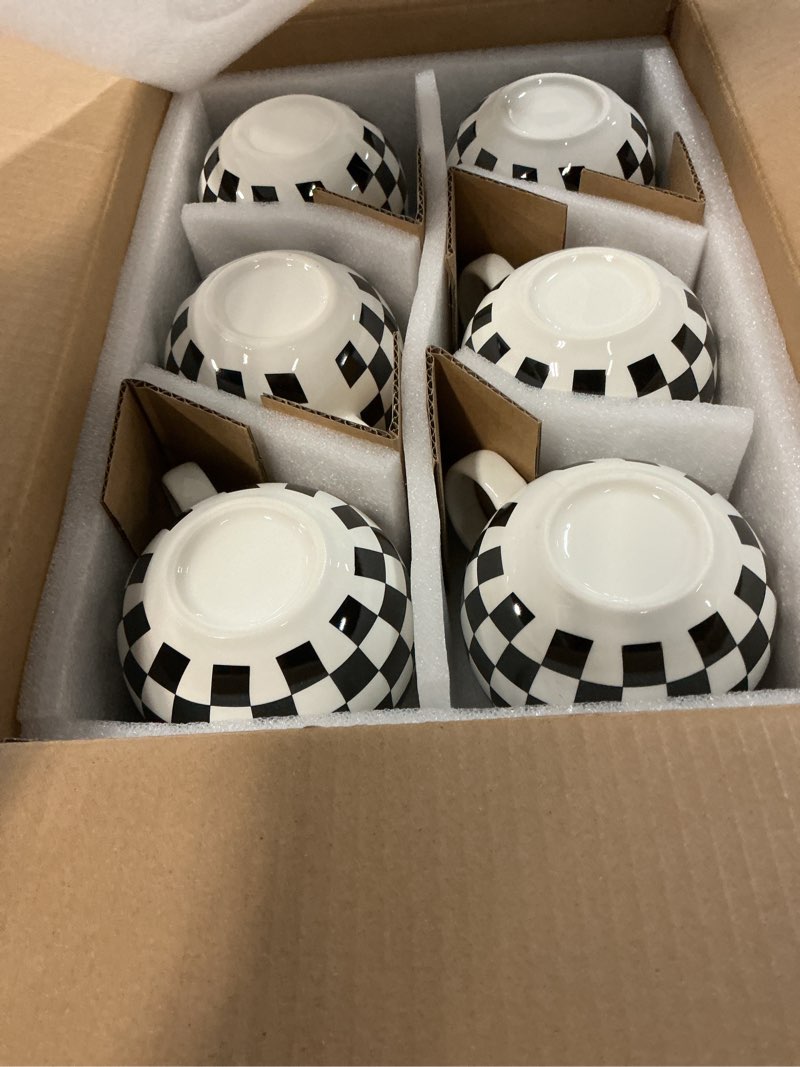 Condition photo showing Good Condition for LAUCHUH Coffee Mug Set of 6, 18 oz Large Porcelain Coffee Mugs Checkered Coffee Cups with Handle Cappuccino Cups for Valentine's Day, Tea, Cocoa, Milk, Latte, Mocha, Black and White Black/White