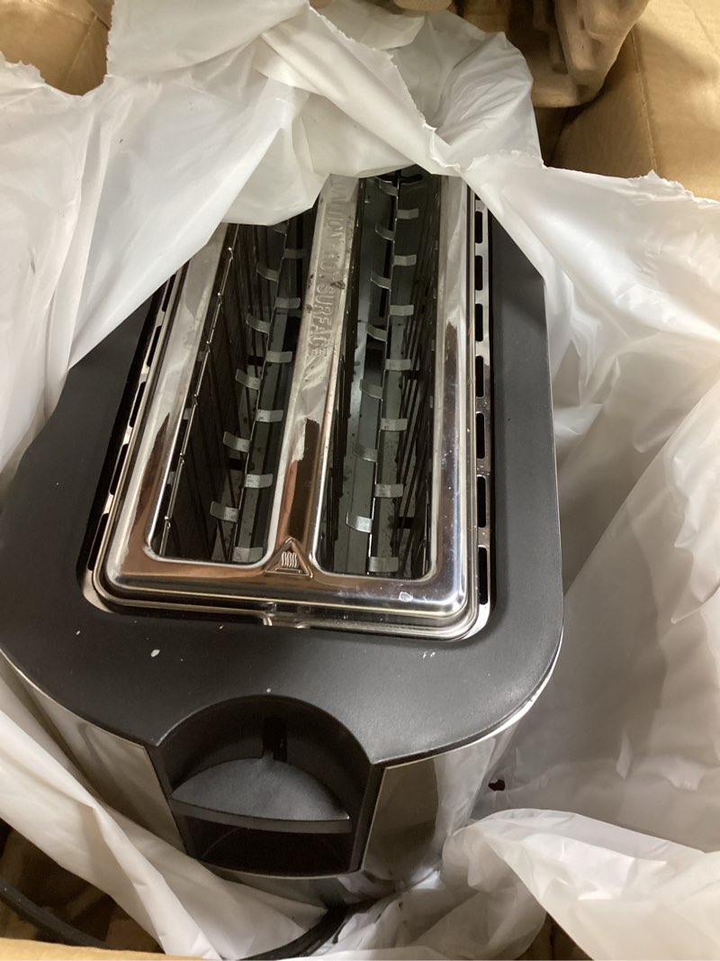 Condition photo showing As Is for Elite Gourmet ECT5924D SmartToast Digital Long Slot 4 Slice Toaster, 1.5” Wide Slots for Thick Breads & Bagel Function, LED Touch Screen, Countdown Timer, 6 Shades, Stainless Steel 4 Slice Black/Stainless Steel