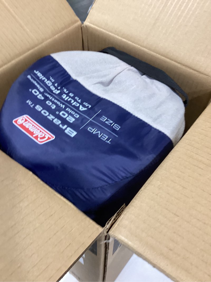 Condition photo showing New/Like New for coleman brazos 20/30°f adult cool-weather sleeping bag with no-snag zipper & stuff sack, machine washable, great for camping, traveling, guests, & more pfas-free 20°f