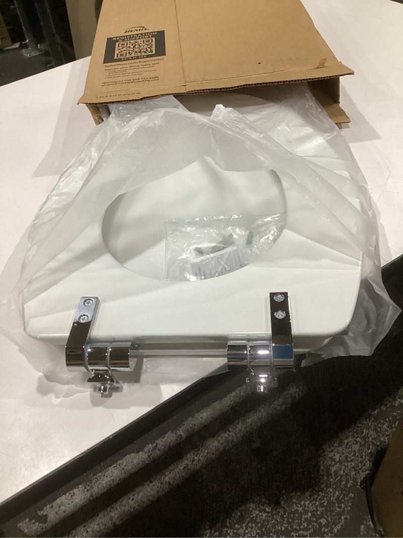 Condition photo showing Good Condition for mayfair bennett toilet seat with chrome hinges, slow close wood seat, secure metal hinges, easy install, made in usa, elongated, white elongated chrome