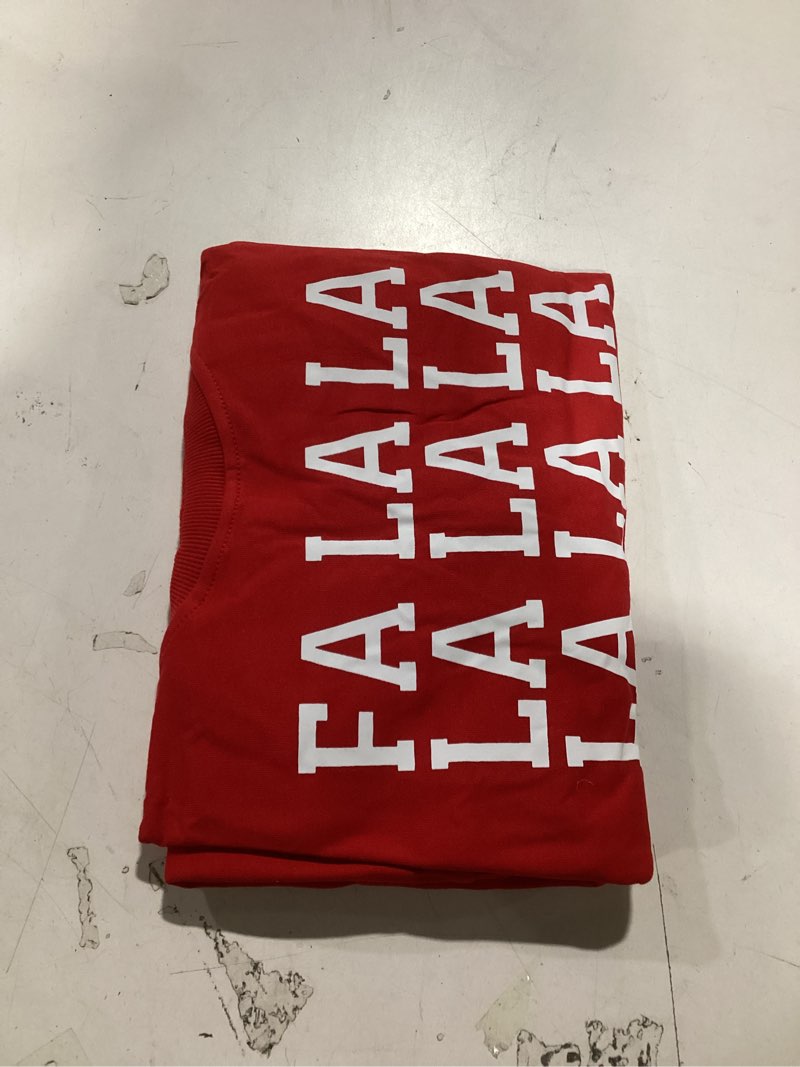 Condition photo showing Good Condition for QLIPIN Christmas Sweatshirts Women Fa La La La Christmas Shirt Holiday Song Sweater Xmas Music Notes Long Sleeve Tops Red Large