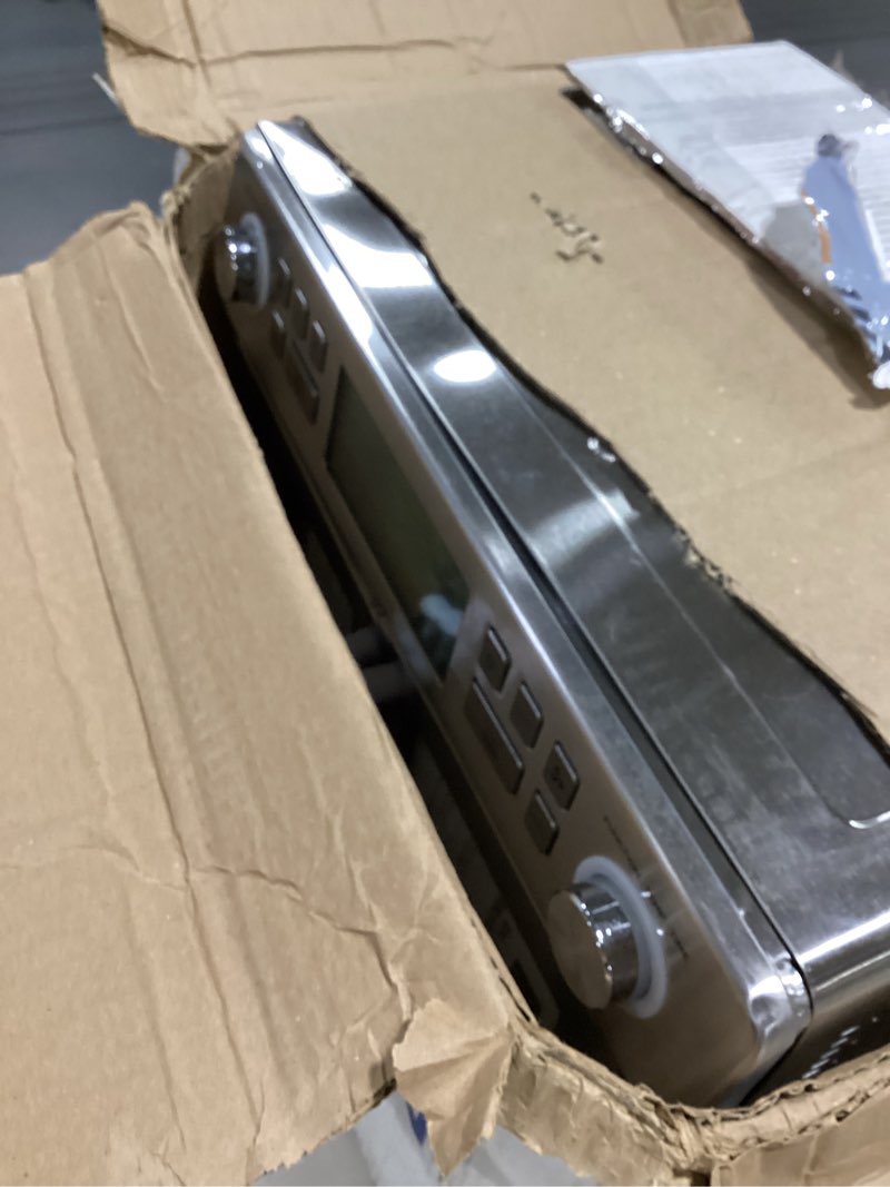 Condition photo showing As Is for emeril lagasse dual zone 360 air fryer oven combo with french door, 25 qt extra large, cook two foods in different ways, up to 60% faster from frozen to finish, pizza stone accessory dual zone + pizza stone