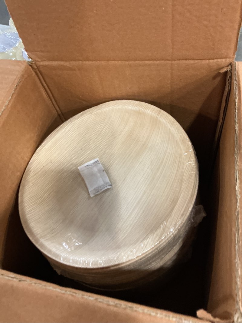 Condition photo showing New/Like New for eco soul 8 inch disposable palm leaf plates [50 pack] premium food-safe heavy duty compostable bamboo paper plates for lunch, dinner, birthday, weddings, party, camping & catering events [round] 50 8 inch