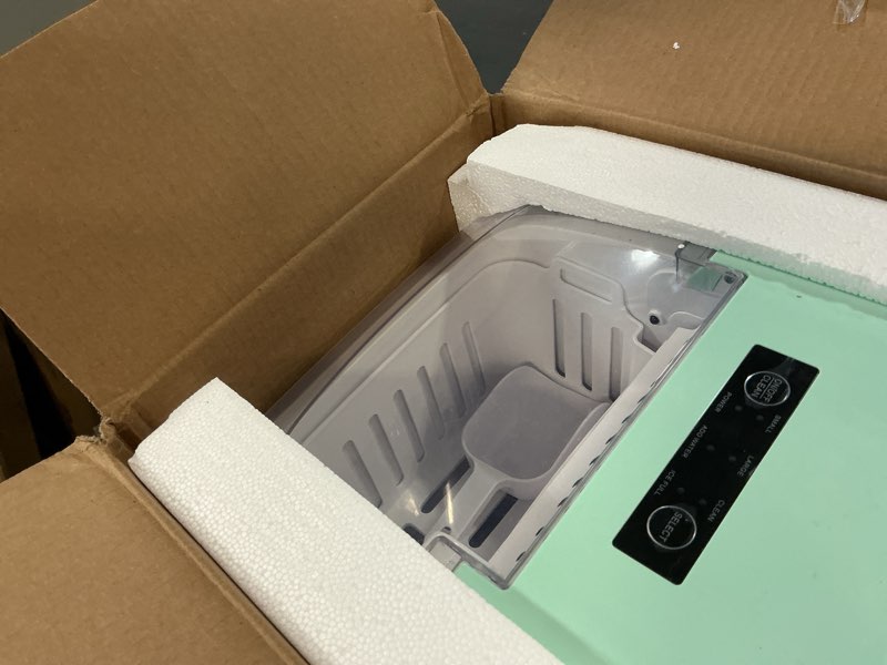 Condition photo showing Good Condition for olixis countertop ice maker machine with handle, auto-cleaning portable ice maker with basket & scoop, 26lbs in 24hrs & 9 cubes in 6 mins, 2 cube sizes, for home party camping rv, green green 12.32"*8.58"*11.61"