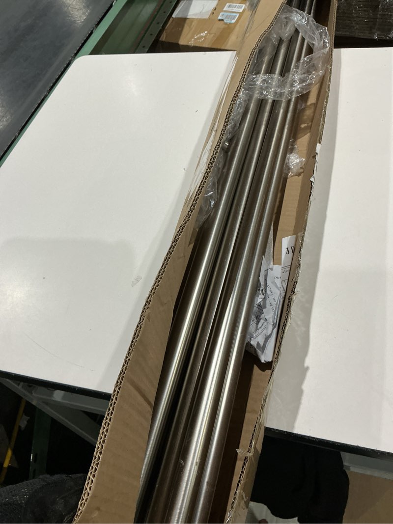 Condition photo showing As Is for 1 1/8 inch diameter curtain rods, 144-240” telescoping large single window drapery rod heavy duty with adjustable modern brackets, matte nickel matte nickel 144-240"