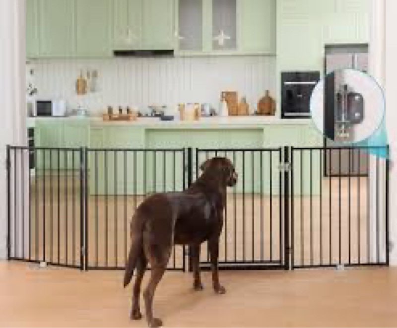 No Pawblems Dog Gate with Cat Door, Free Standing 30'' Tall Foldable Dog Fence for Indoor & Outdoor,