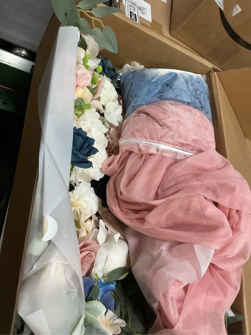 Condition photo showing New/Like New for tinge time artificial sweetheart flower swag with tablecloth and table runner, pack of 3 floral arrangement for wedding sweetheart table centerpiece decoration (dusty rose & navy blue)