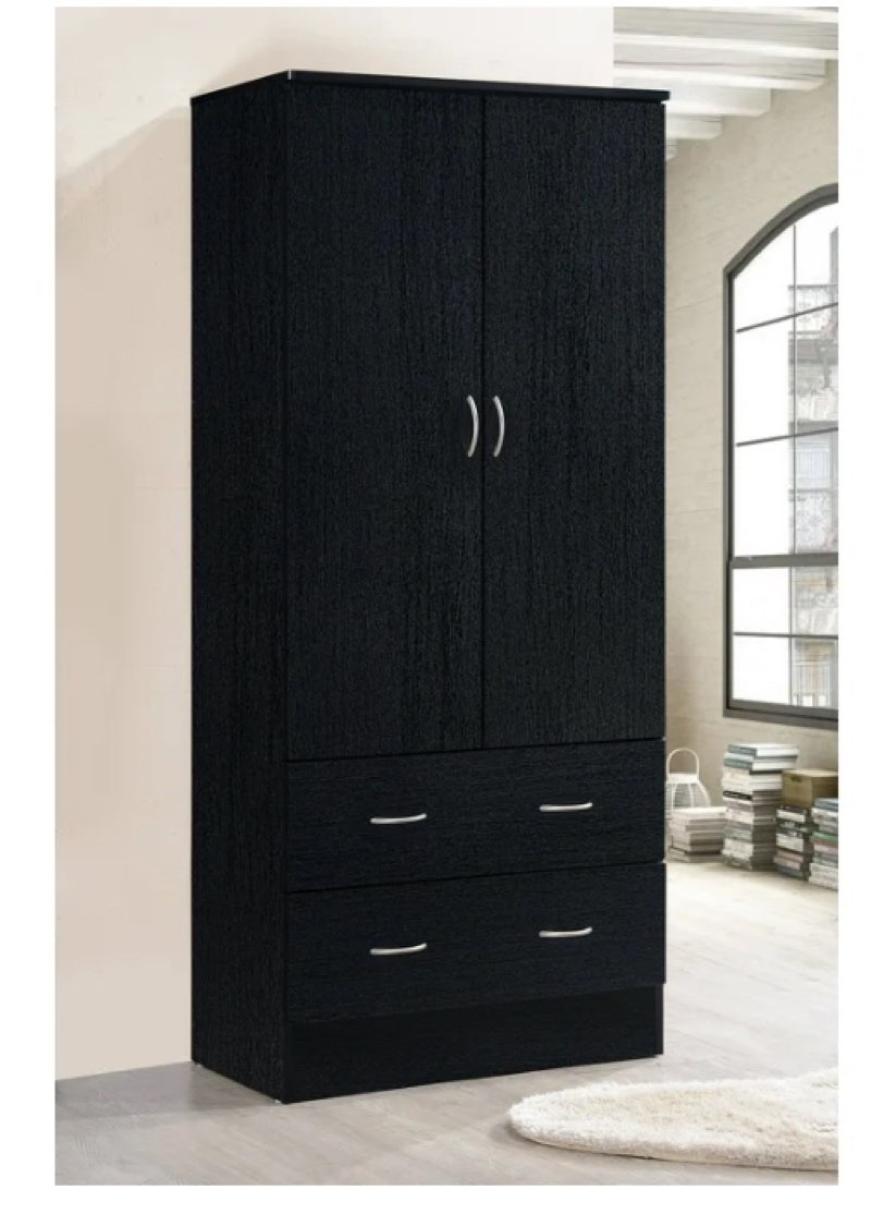 Hodedah 2-Door Armoire with 2-Drawers and Clothing Rod in Black