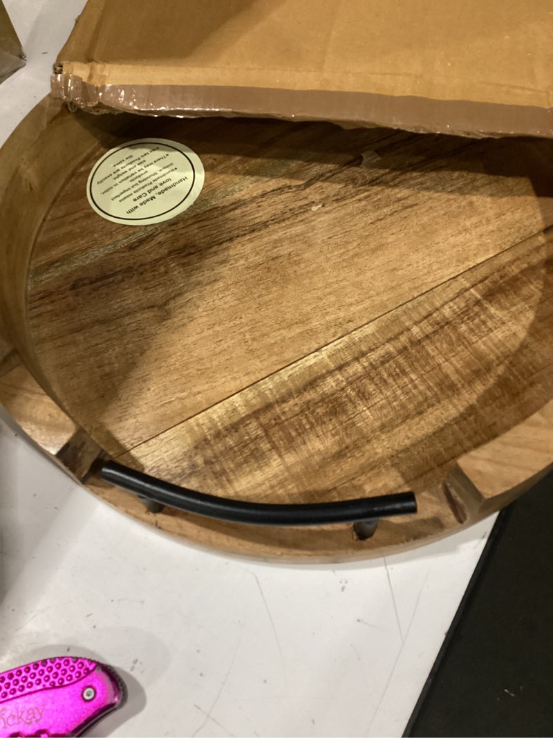 Condition photo showing Good Condition for nirman acacia wood tray round rustic farmhouse wooden platter for coffee table, ottoman, drinks, breakfast with 2 black iron handles (12" x 12" x 1.6")