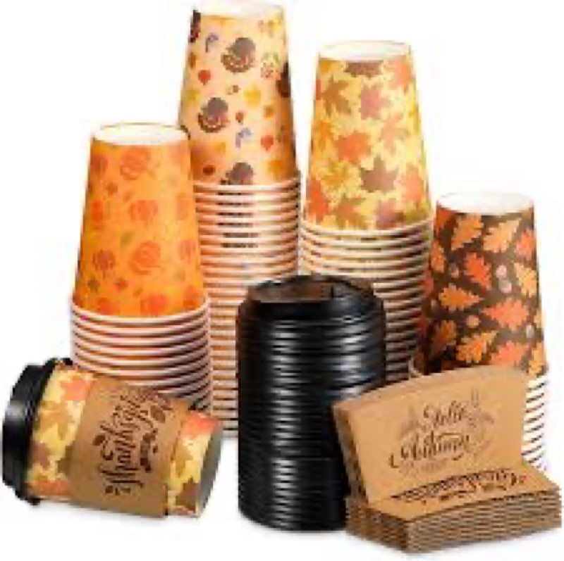 100 Pcs 12 oz Fall Disposable Coffee Cups with Lids Autumn Paper Cups Thanksgiving Pumpkin Maple Leaves Paper Cup Fall Drinking for Dinner Thanksgiving Party Decoration Harvest Supplies
