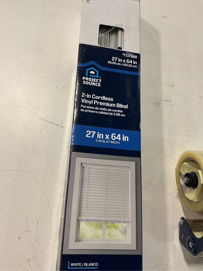 Condition photo showing As Is for project source 2in slat width 27-in x 64-in cordless white vinyl light filtering mini-blinds