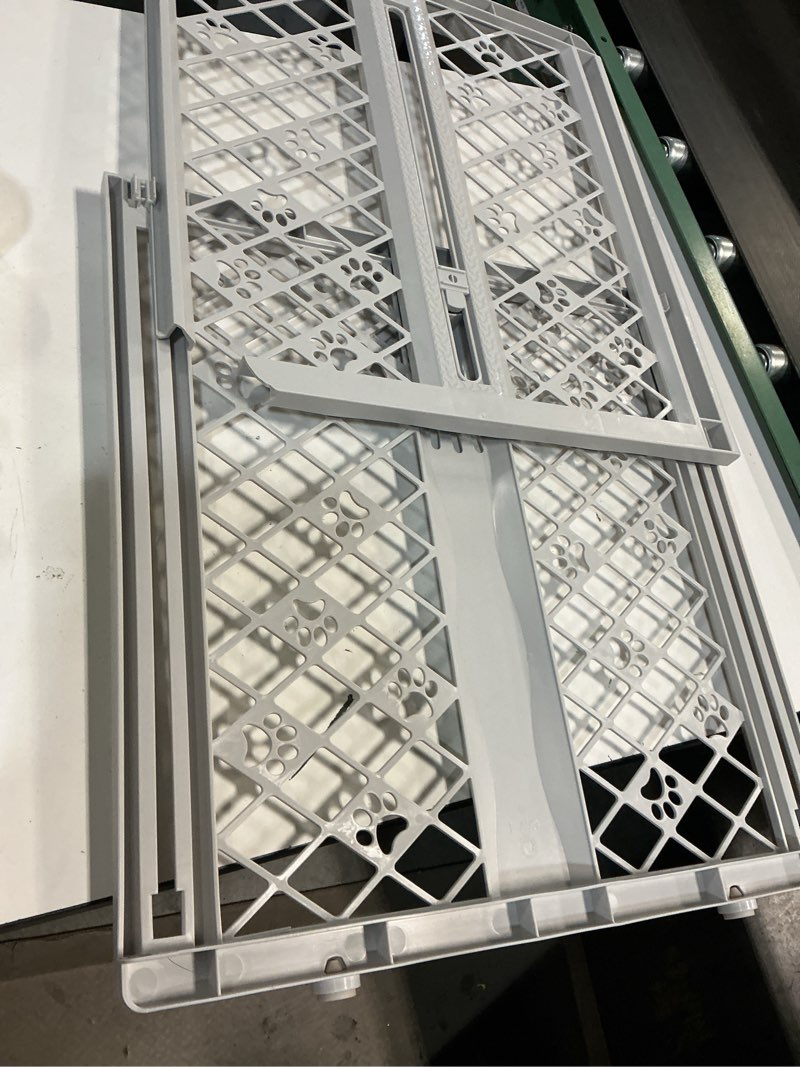 Condition photo showing As Is for MYPET North States Paws Portable Pet Gate: 26-40" Wide. Pressure Mount. No Tools Needed. Made in USA. Dog Gate 23" Tall, Expandable, Durable Dog Gates for Doorways, Light Gray
