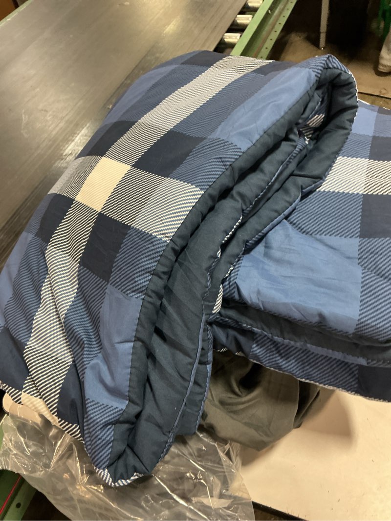 Condition photo showing As Is for MaiRêve Full Size Plaid Comforter Set Indigo Blue, Classic Checkered 7 Pieces Bedding Set for Boys Girls Teen, All Season Lightweight Bed in A Bag with Sheets, Pillowcases & Shams Indigo Blue Full