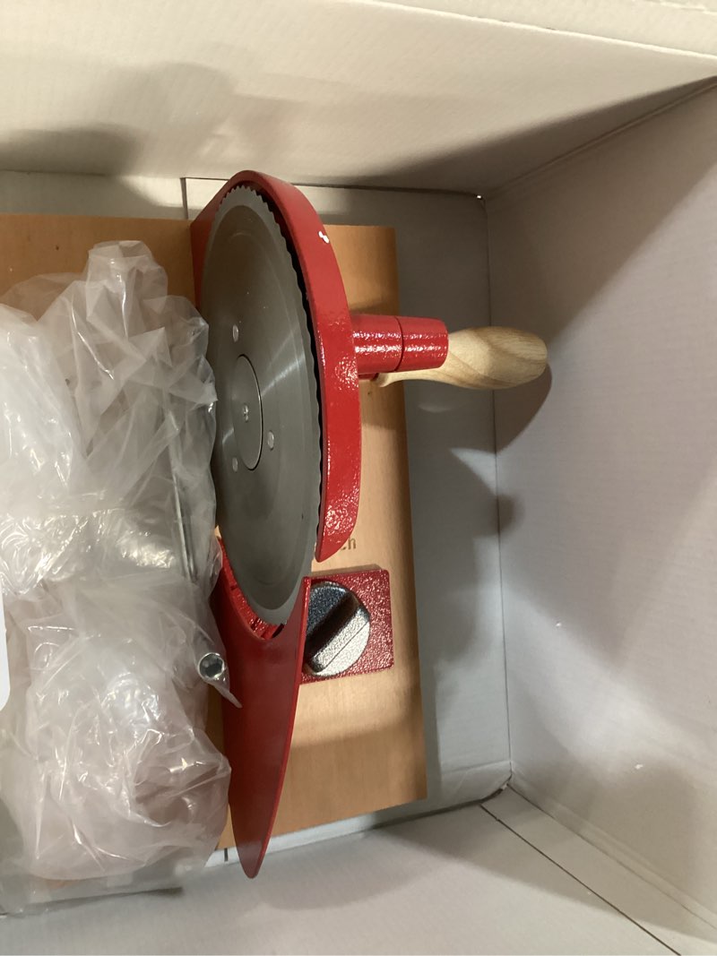 Condition photo showing Good Condition for vanerepok upgrade manual bread slicer for homemade sourdough bread, classic hand crank home bread slicer with scale line and steel fence, sharp blade, adjustable width for homemade & commercial use large red