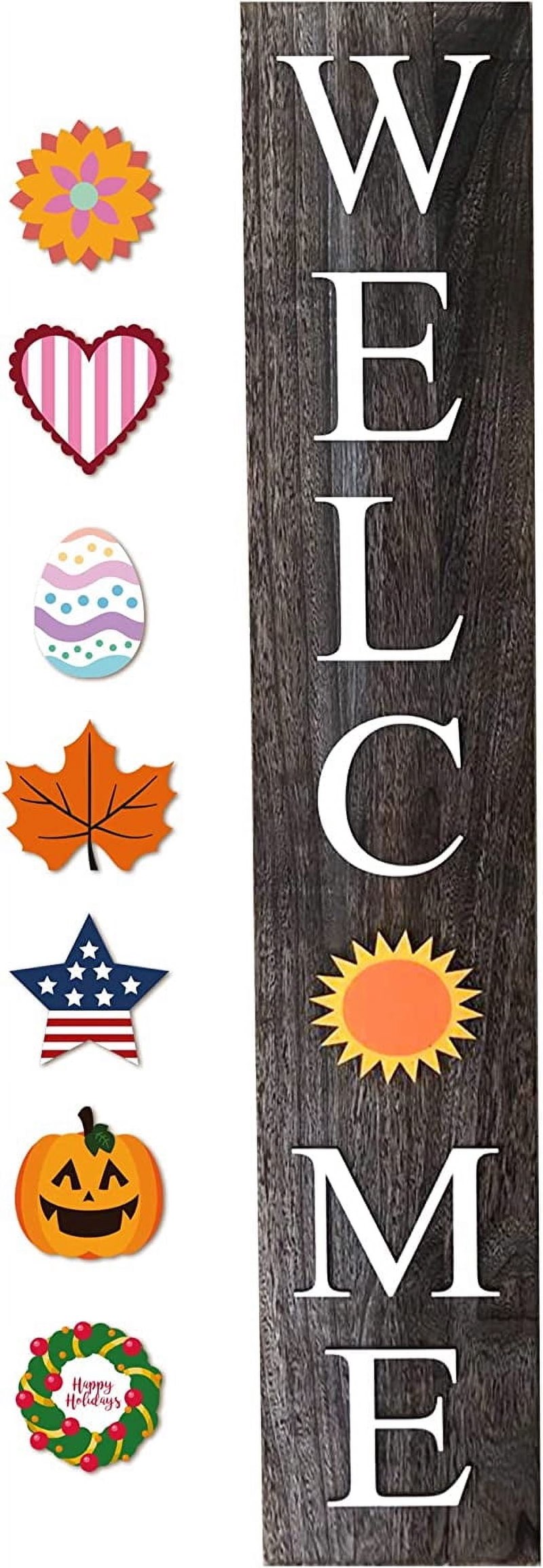 alben welcome sign for front door porch with ornamental tiles - 8 interchangeable seasonal tiles, celebrate holidays and seasons, vertical wooden outdoor and indoor welcome home decor sign