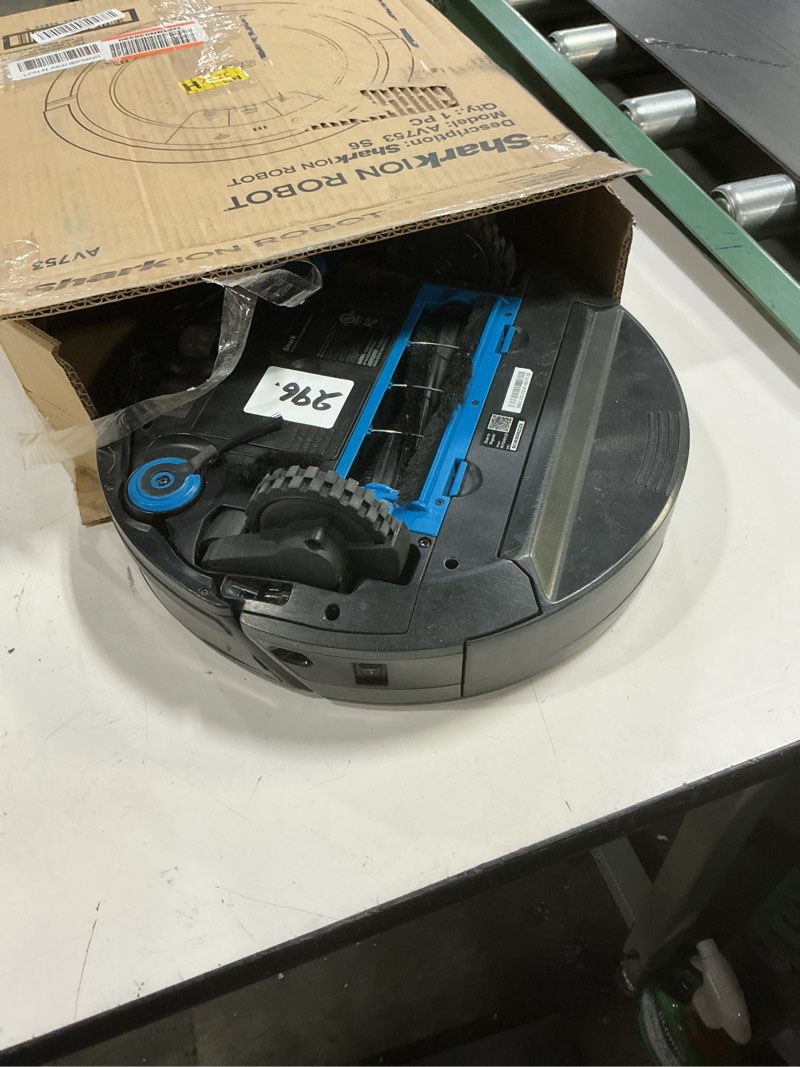 Condition photo showing As Is for shark av753 ion robot vacuum, tri-brush system, wifi connected, 120 min runtime, works with alexa, multi surface cleaning, grey