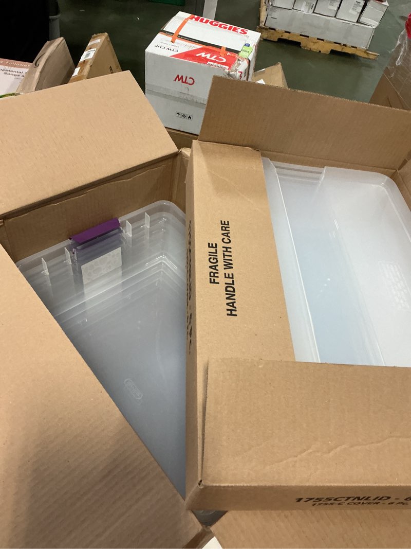 Condition photo showing New/Like New for Sterilite 6-Pack 32 Quart ClearView Latch Box, Stackable Organizer Bins with Latching Lids - Clear Plastic Organization Containers for Closet, Bedroom, Shelving Units and Everyday Home Storage 32 Quart 6 Pack