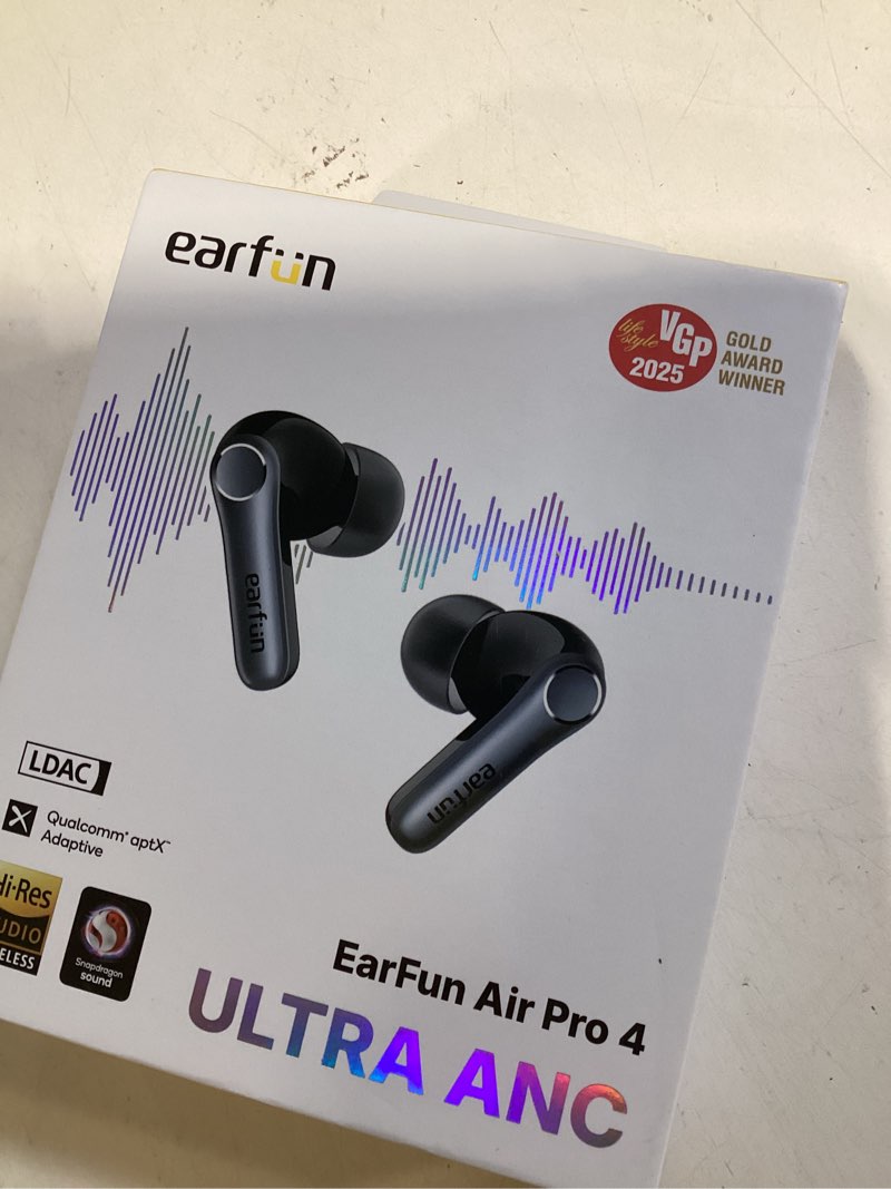 Condition photo showing New/Like New for earfun air pro 4 adaptive hybrid noise canceling wireless earbuds, qualcomm snapdragon sound, aptx™ lossless, 6 mics ai cvc 8.0 call, ldac hi-res audio, 52h playtime, bluetooth 5.4, in-ear detection black