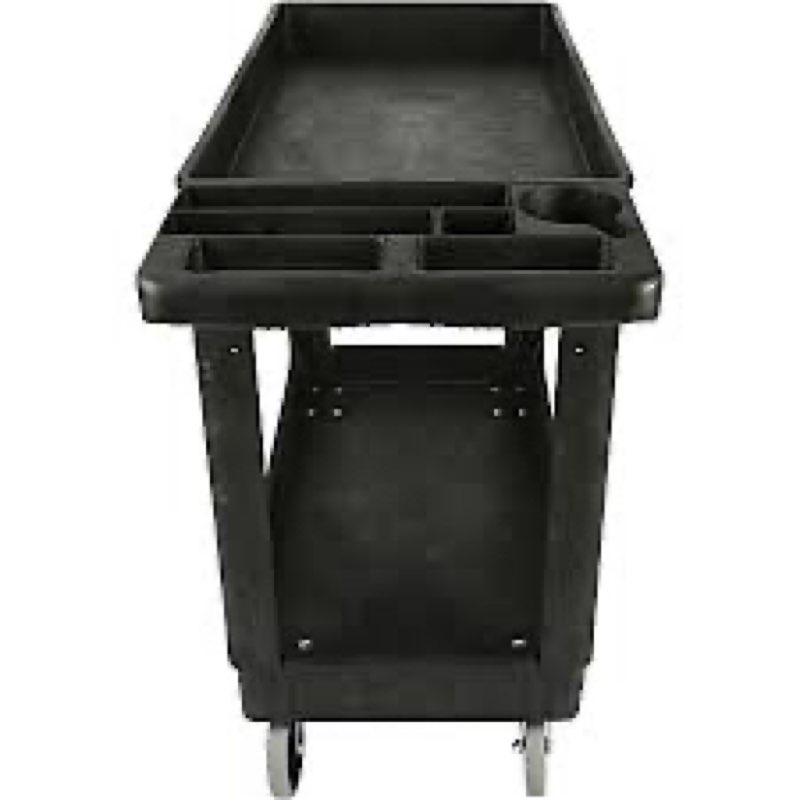 550 lbs. Capacity 44 in. x 25.3 in. x 32.3 in. Black Plastic 2-Tier 4-Wheeled Lipped Top Straight Handle Utility Cart
