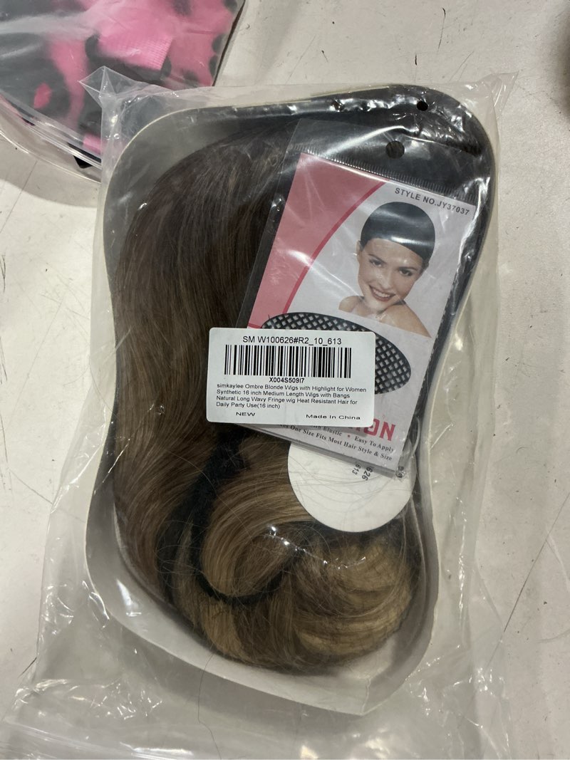 Condition photo showing Good Condition for simkaylee wavy long ombre blonde wigs with bangs for women medium middle length blond wig synthetic with water wave fringe womens heat resistant hair wig for daily party use (16inch)